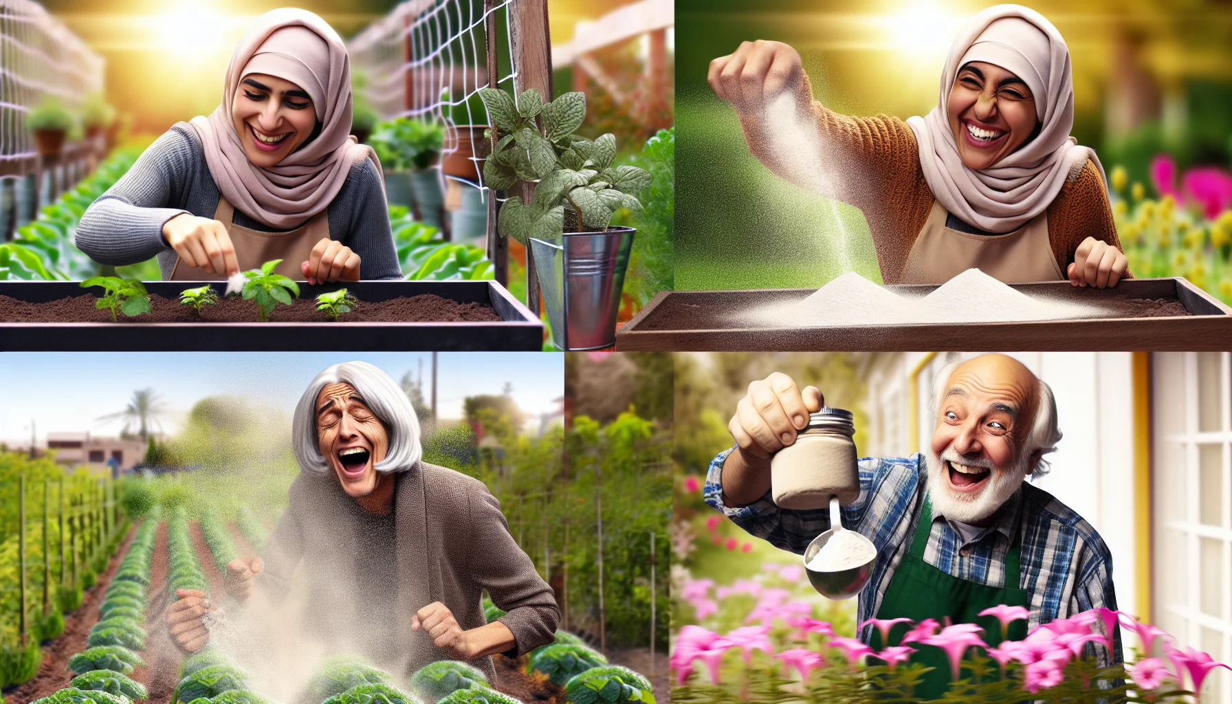 Generate a humorous and realistic image of several scenarios related to gardening using lime powder. In the first scene, a Middle-Eastern woman is laughing while sprinkling lime powder on her plants to enrich the soil productivity. In the second scene, a Hispanic man is amused as he uses lime powder to deter pests from his vegetable garden. In the third scene, an elderly Caucasian man makes a funny face, pretending the lime powder is a magic dust that encourages his flower plants to bloom rapidly. This lighthearted image should inspire people to enjoy the gardening process.