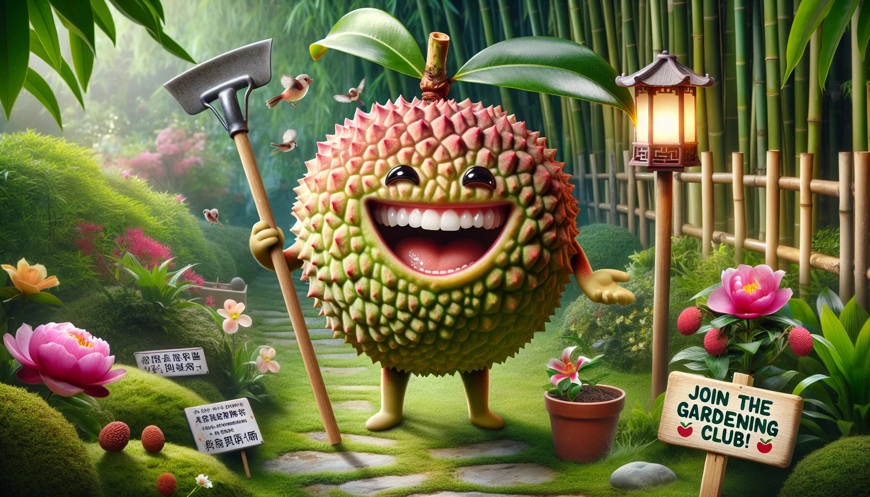 Imagine a humorous image of a lychee fruit having an anthropomorphic feature, displaying a wide grin and showcasing its juicy interior. It's standing in a lush garden, holding a miniature rake and inviting viewers to join its gardening fun. The background is full of plant diversity typically found in a Chinese garden, with bamboo, peonies, and plum blossoms. Charming little lanterns light the path, birds are chirping, and a placard reads 'Join the Gardening Club!' This mirthful interpretation celebrates the joy and appeal of horticultural activities.