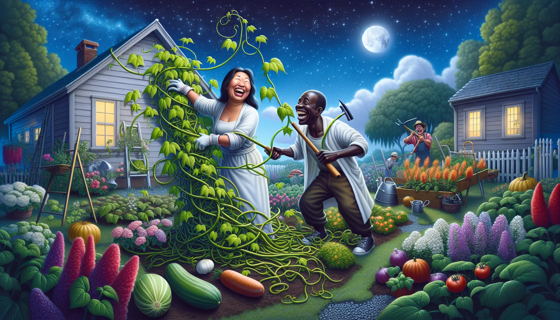 Create a photorealistic image of a humorous gardening scene under the enchanting May night sky. Illustrate an Asian woman and a Black man, both in the middle of a whimsical mishap with a rapidly growing vine that threatens to overrun their orderly garden. They should be laughing heartily, tools in hand, as they try to get the vine under control. Include various plants, blooming flowers and vegetables all around them in vibrant colors. The garden should be bathed in the soft, silvery light of the moon and the twinkle of stars in the indigo night sky.