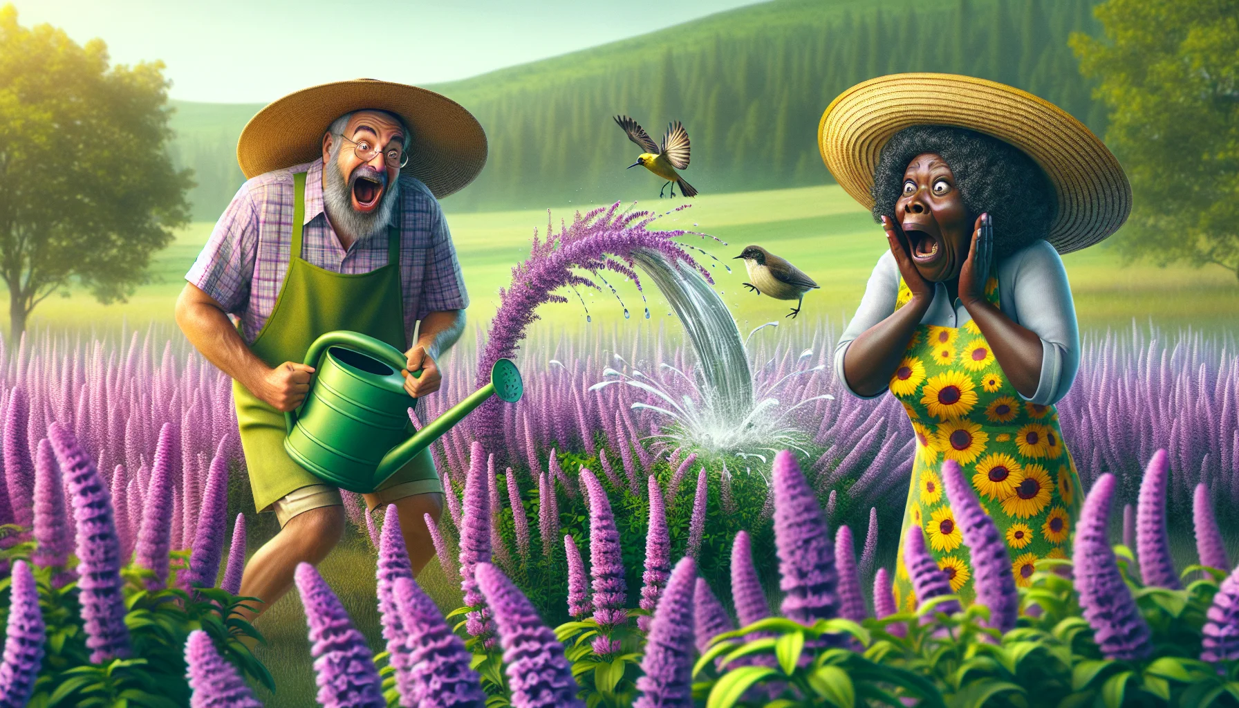 Visualize a humorous scenario taking place in a green meadow full of beautiful lavender-colored meadow sage flowers. These vibrant plants sway gently in the breeze, catching the sunlight that dapples through the surrounding trees. On one side, an enthusiastic Caucasian man with a floppy garden hat, holding a rather large watering can, is shown mid-step, his face depicting the joy of nurturing these flowers. Opposite him, a Black woman, wearing a sunflower patterned apron, has a surprised look as a small bird has mistaken her straw hat for a nest. This light-hearted scene embodies the essence of gardening, the minor unexpected delights and the satisfaction it brings.