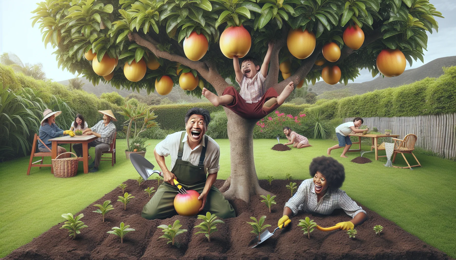 Generate an entertaining and real looking image featuring a scene in a lush garden, with multiple people occupying it. A central Asian man is on his knees with a trowel, digging under a ripe Nephelium lappaceum tree, his face full of excitement. Meanwhile, an African woman on the other side of the garden is playfully hiding behind another tree, holding a ripe Nephelium lappaceum. Across the garden, a child of Hispanic descent is sitting on the grass, immersed in planting seedlings but attemptedly reaching out to grab a hanging Nephelium lappaceum. This lively scene should evoke a sense of fun inherent in gardening and entice people to join the activity.
