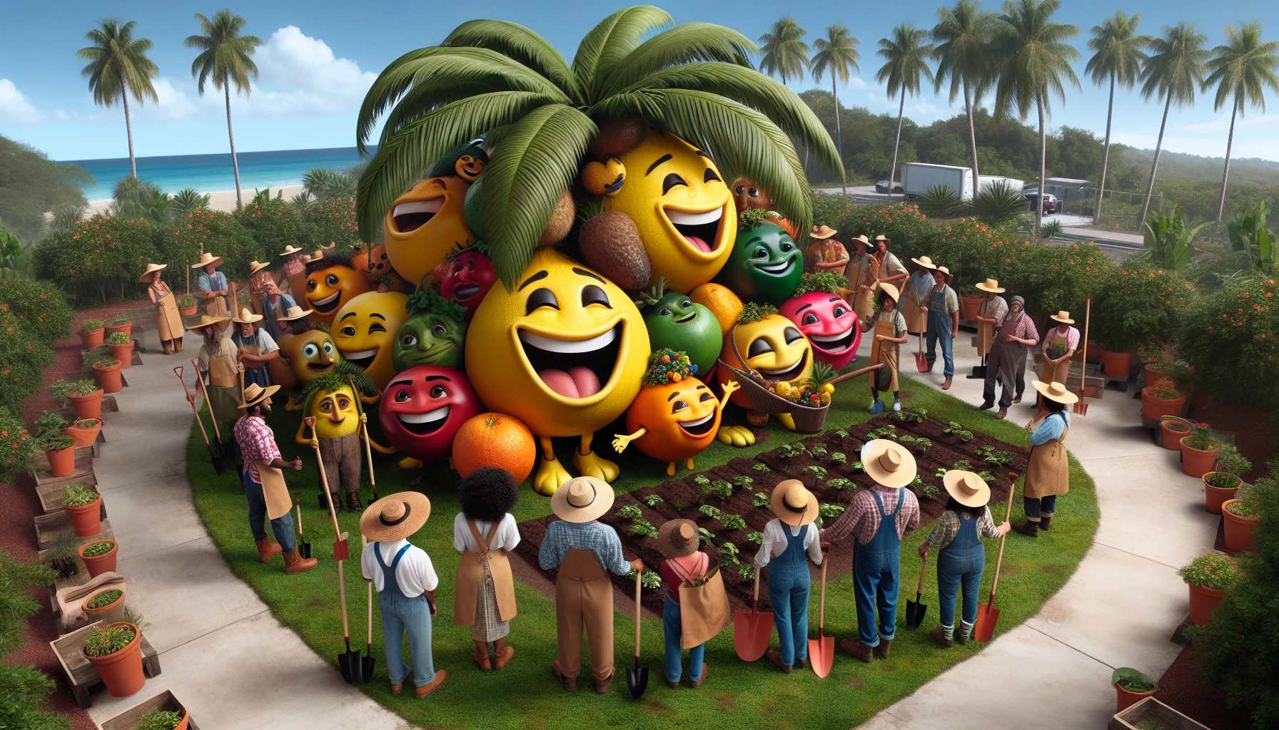 Imagine a whimsical and humorous gardening scenario in a tropical setting. In the foreground, a large, lush palm tree is swaying gently in the wind, bearing an abundance of ripe, juicy fruits. Curiously enough, the fruits on the tree have joyful faces expressing pure bliss and they seem to be partaking in merry dance moves, swaying with the rhythm of the wind. On the ground below, a diverse group of people representing various descents including Black, White, Hispanic, South Asian and Middle-Eastern are watching in awe and laughter, their expressions indicating curiosity and intrigue. Sporting a variety of gardening attire from straw hats to overalls, they are holding various gardening tools suggesting their interest in this rewarding hobby. The scene is designed to spark joy, highlight the fun side of gardening, and promote the enjoyment of outdoor activities.