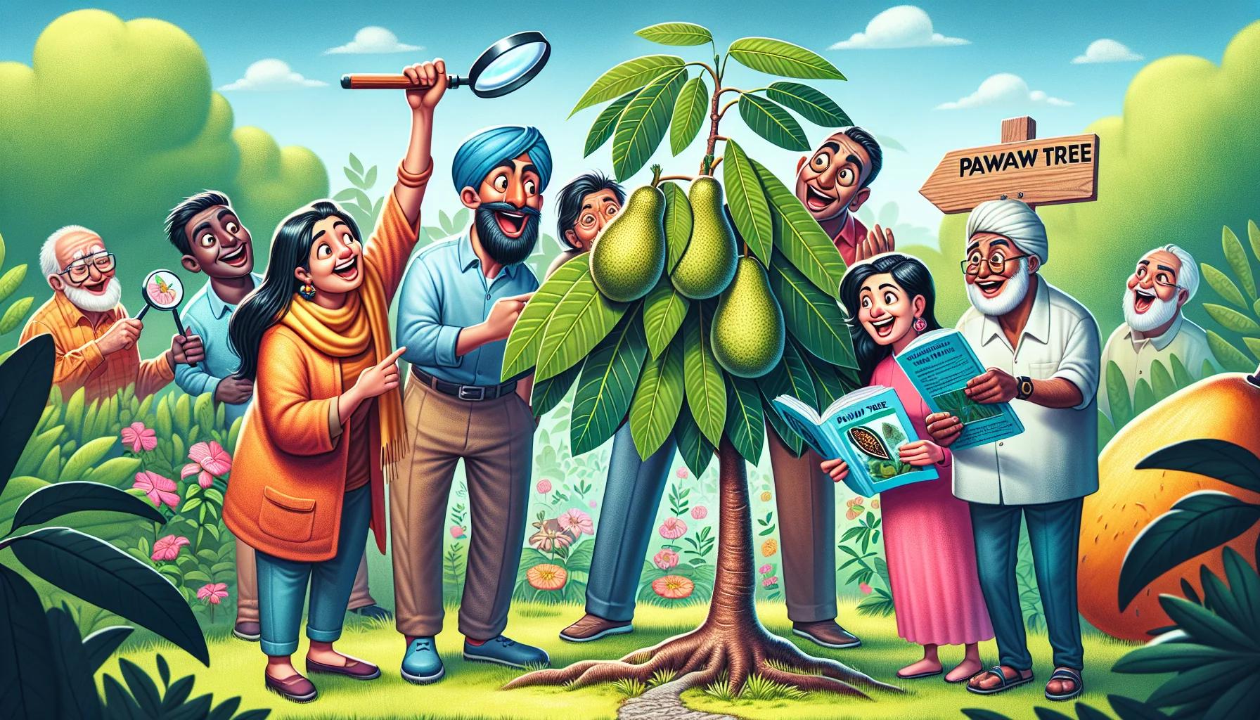 Create a vivid and humorous image of a pawpaw tree identification scenario. Set the scene in a lush and vibrant garden wherein a group of people joyously participate. Overly exaggerated features such as an oversized magnifying glass held by a tall Middle-Eastern man inspecting the pawpaw leaves, and a peppy Hispanic woman posting a signpost in front of the tree that reads 'Pawpaw tree'. A South Asian man is standing by with a guidebook demonstrating the distinctive features of pawpaw trees to a mixed group of interested garden enthusiasts. Incorporate elements that encourage the viewer to explore the joys of gardening.