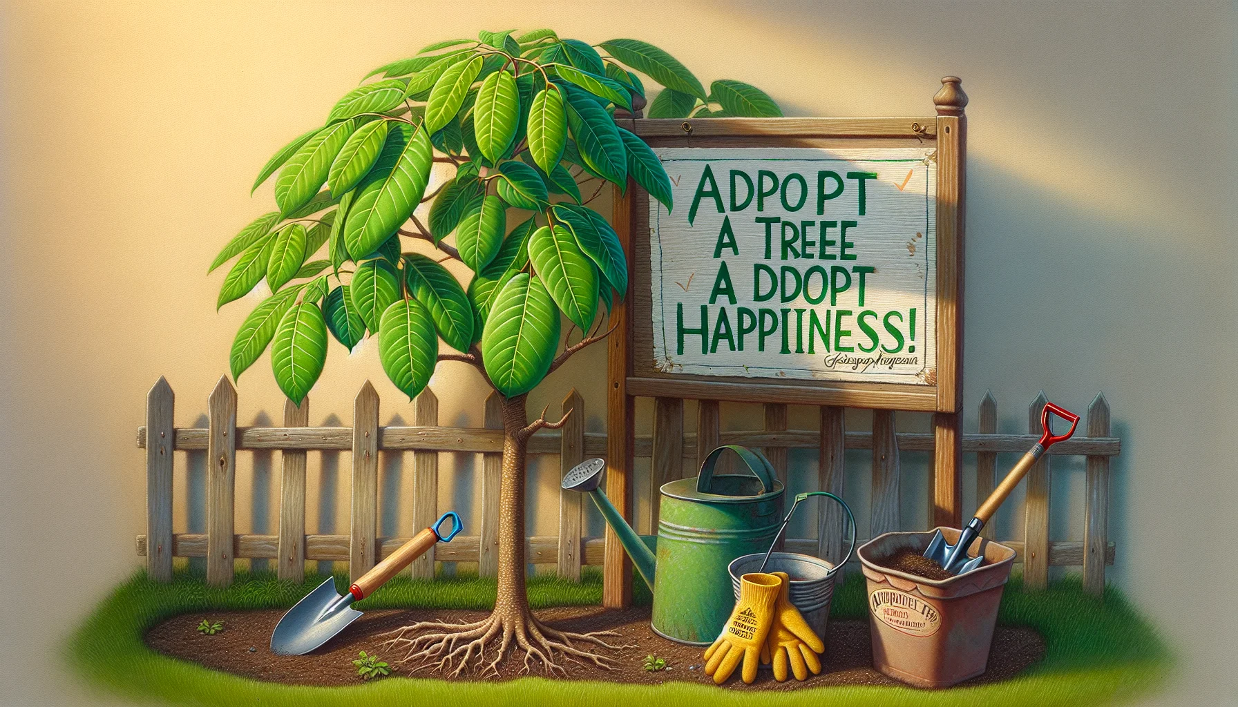 Create a highly detailed, realistic image of a pawpaw tree with bright green, glossy leaves. Beside the tree is a sign reading, 'Adopt a Tree, Adopt Happiness!' that appears to have been playfully scribbled by an enthusiastic gardener. A typical gardening gear - gloves, shovel, and a watering can – is seen next to the tree, left in a manner indicating an ongoing gardening session. The scene is set in a small, sunlit garden surrounded by a picket fence, evoking a sense of warmth and inviting the viewer to indulge in the joy of gardening.
