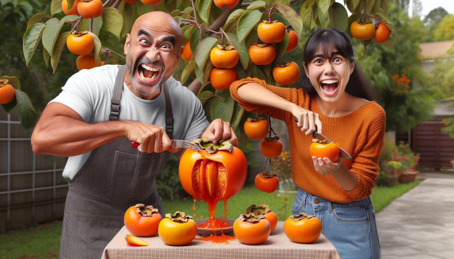 Create a humorous and realistic image of a South Asian man and a Hispanic woman in a garden, demonstrating how to eat a persimmon fruit. They're standing by a fully-grown persimmon tree laden with ripe, shiny, and bright orange persimmons. The man is trying to bite into the whole fruit while the juice drips onto his chin, causing laughter. The woman is slicing another persimmon with a knife, having a more civilized approach. Joy and fun fill the garden, radiating the appeal of home-gardening and fruit consumption.