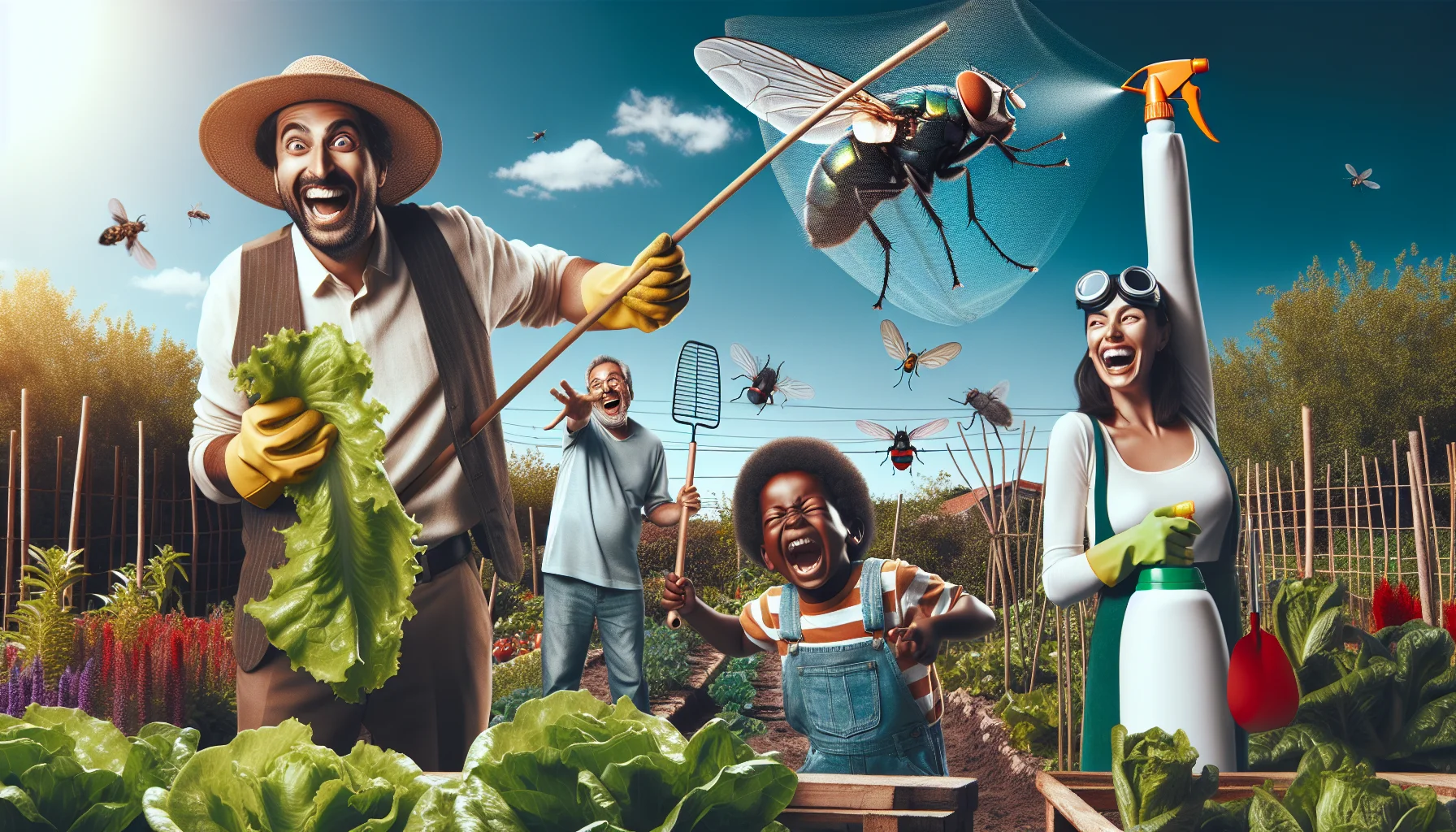 Create a humorous and realistic image showcasing a diverse group of people engaging in pest control for vegetable gardening. Picture a Middle-Eastern man wearing gardening gloves and a wide-brimmed hat, using a harmless bug-catching net to catch an enormous, exaggerated fly. Nearby, a Caucasian woman laughs out loud, holding an oversized spritz bottle filled with a natural pest repellent. A Black child, enthusiastically dons a pair of goggles, playfully chasing a cartoonish snail with a lettuce leaf. The background is filled with a healthy, vibrant vegetable garden under a brilliant sunshine, underscoring the fun and joy of gardening.
