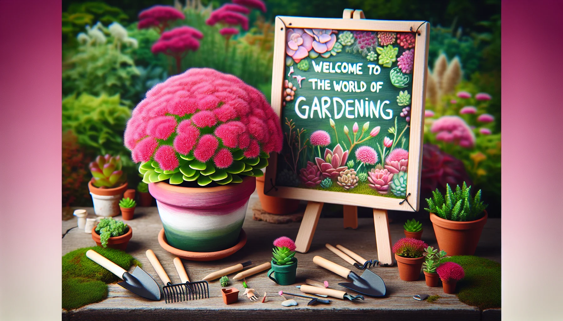 Create a highly detailed and realistic depiction of a vibrant pink sedum plant situated in an amusing gardening display. Picture the plant situated in a small painted clay pot with fun gardening tools like a miniature rake and shovel. Nearby, add an inviting wooden sign that says 'Welcome to the world of gardening', delightfully scribbled in a playful font. Include a backdrop of varied greenery and flourishing plants in the garden, suggesting a verdant and abundant horticultural environment. This joyful scene aims to encapsulate the excitement and passion that gardening can inspire.