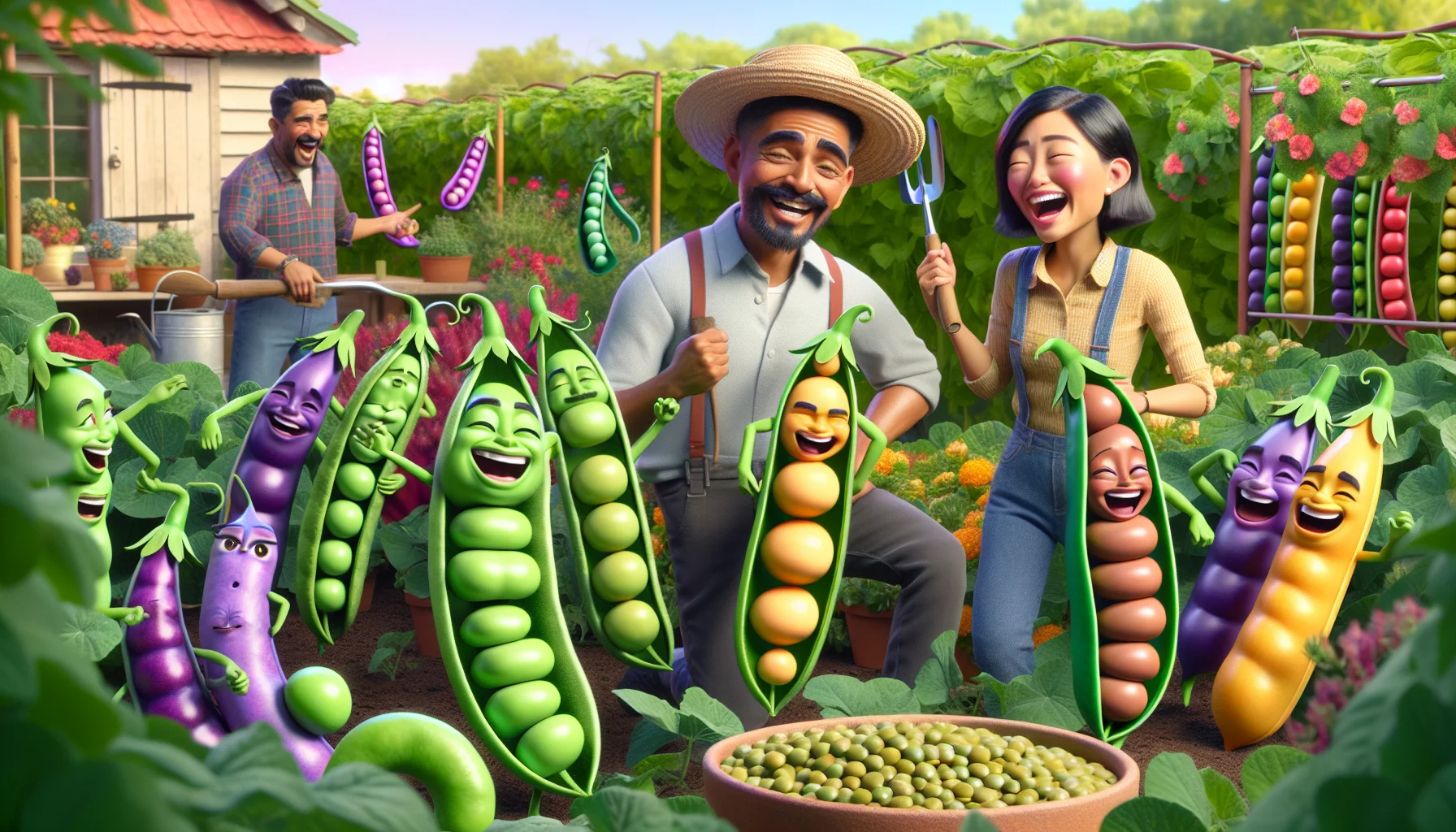 Create an amusing and realistic scene showcasing various types of pod fruits including vibrant green peas, luscious purple beans, golden yellow lentils and more. They are animated with joyful expressions, dancing around in a luscious vegetable garden. In the midst of the ruckus, a male Hispanic gardener, bemused, watches on, holding a trowel and wearing a sun hat, and a female Asian gardener laughing heartily, holding a watering can. This lively spectacle provokes an inviting and enticing atmosphere for gardening.