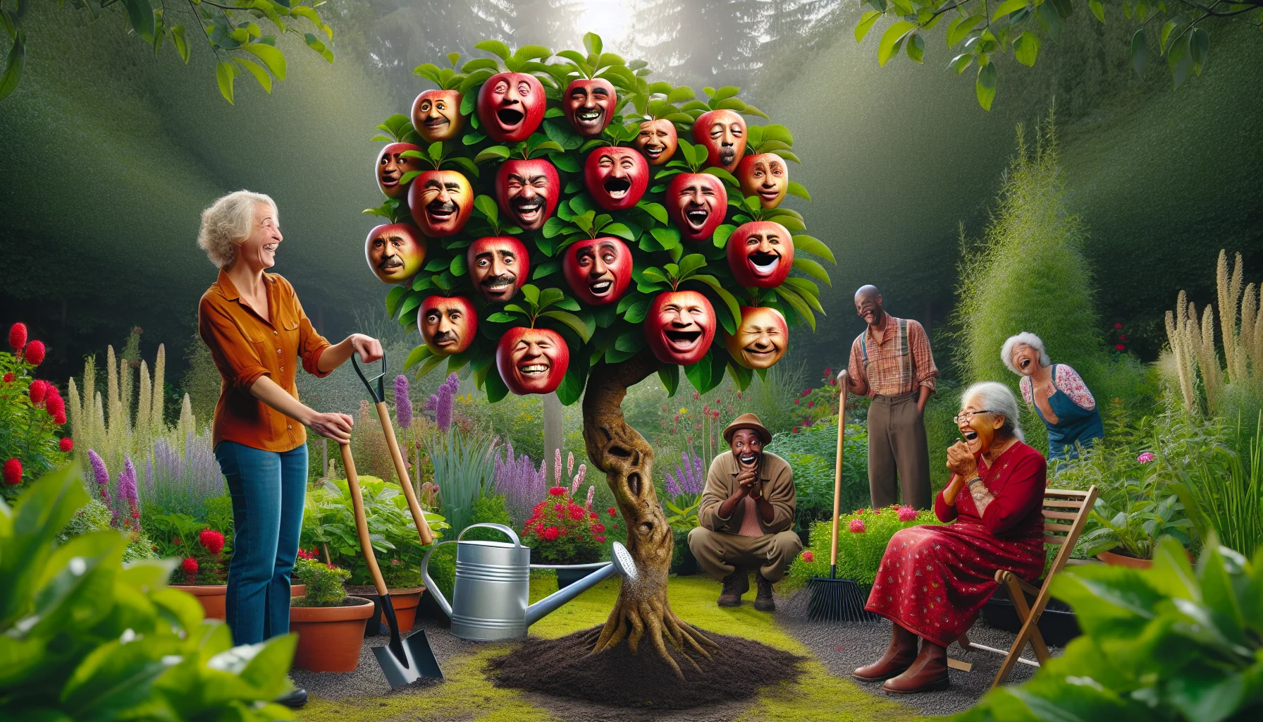 Create a lively and humorous scene in a lush garden full of diverse plants, with a Pyrus Malus tree taking the center stage. The tree is laden with rich, red apples that seem to have faces on them, each expressing a different comical emotion, making the tree appear as though it is playfully inviting the onlookers. In the background, there's a variety of people; A Caucasian woman laughing while watering the plants, a young Black boy amusedly pointing at the apple faces, a Middle-Eastern man chuckling wholeheartedly, and a South Asian elderly woman giggling with a rake in her hand. This joyous ensemble should evoke the rewarding and entertaining aspects of gardening.