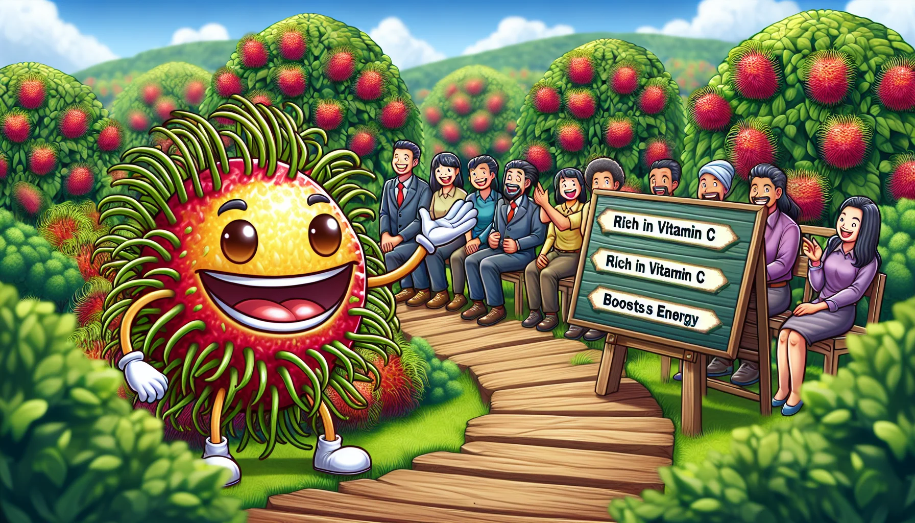 Create a detailed image showcasing a humorous scenario centered around the benefits of the rambutan fruit. In this picture, a smiling rambutan fruit with its signature hairy exterior and juicy interior is acting as a tour guide. It is in a picturesque garden full of vibrant and blooming rambutan trees, demonstrating the joys of gardening to a diverse group of people of different genders and descents, including Caucasian, Black, Hispanic, and South Asian individuals. In the background, signs indicating benefits such as 'Rich in Vitamin C' or 'Boosts Energy' add a fun and educational element to enjoy the magic of gardening.