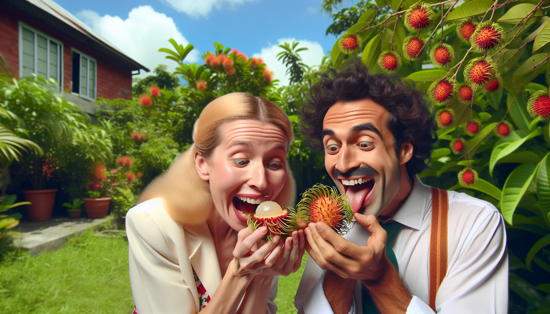 Generate a realistic image of a humorous scene involving the rambutan fruit. It's an idyllic day in a lush home garden, where two people of differing descents, one of Caucasian and the other of Middle-Eastern descent, are joyfully tasting the distinctively sweet and creamy rambutan fruit for the first time. They are captured in a comical moment of surprise and delight at the exotic flavor. Visually surrounding them are blooming rambutan trees bearing the distinctive fruits, enticing the viewer to enjoy the joys of home gardening and fruit cultivation. 