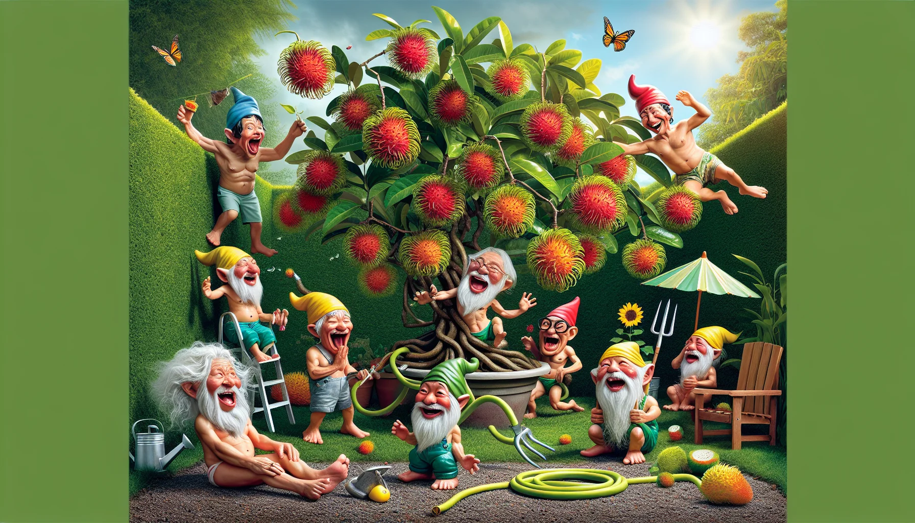 Visualize a humorous and lively scene capturing the joy of gardening. It features a lively rambutan tree in a sunny backyard. Quirky garden gnomes with various descents, including Caucasian, Asian, and Middle-Eastern, are arranged around the tree in playful poses, seemingly tending to the tree. Each gnome displays exaggerated expressions of surprise, awe, and delight upon discovering the exotic rambutan fruits. Subtle details such as a garden hose coiling like a snake, a sunflower acting as a parasol for a gnome, and a fluttering butterfly add to the amusing ambiance. This image encapsulates the essence of gardening - fun, relaxation, and a touch of the unexpected.