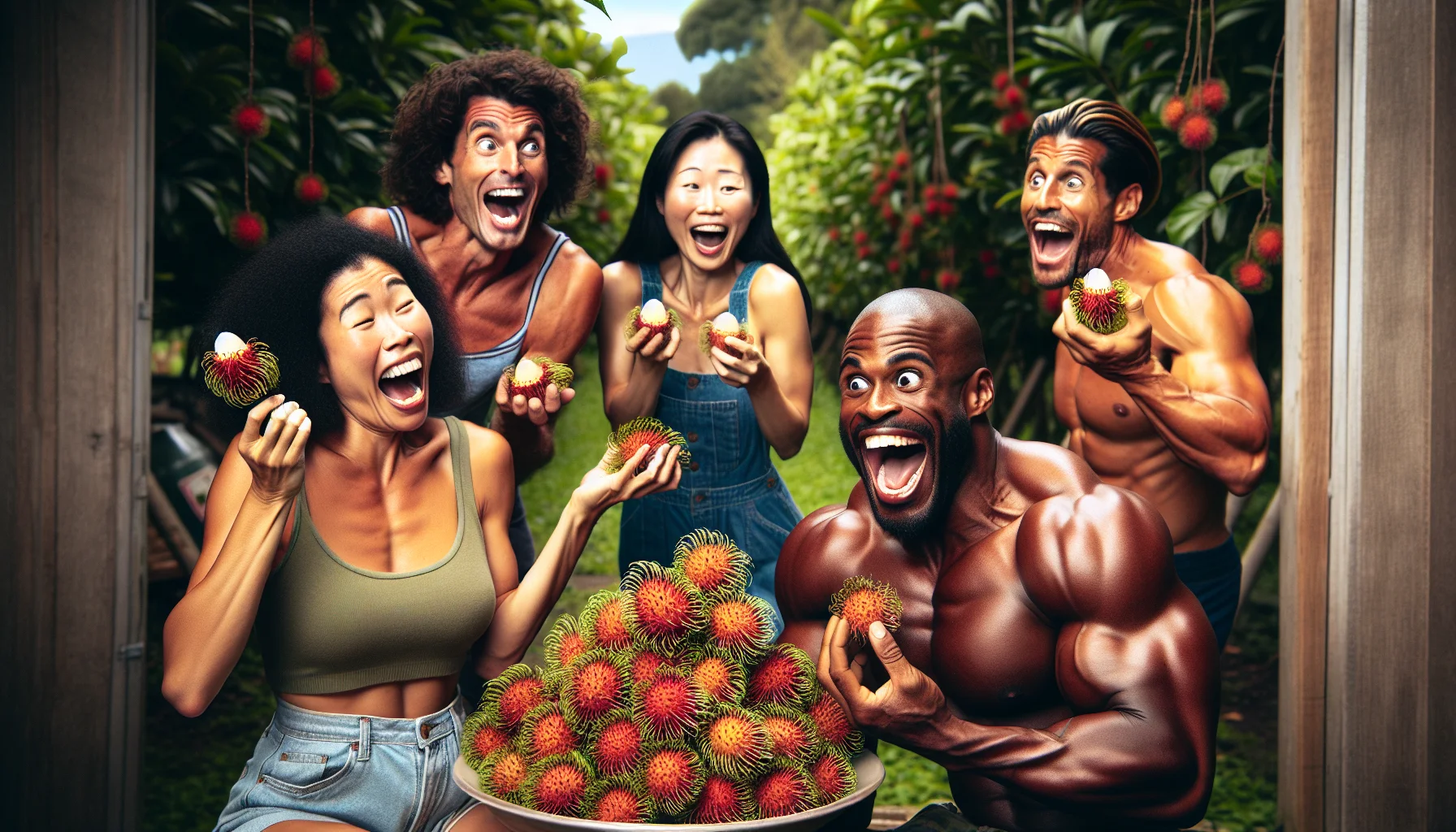 A humorously enchanting scenario outdoors, where a dynamic group of people are joyfully engaging in gardening activities. A medium-height Caucasian woman is laughing while biting into a rambutan, exaggerating the juicy squirt. A muscular South Asian muscular man is beaming while holding a freshly plucked rambutan, feigning shock at its taste. Their friends, a Black woman with a tall physique and a shorter Hispanic man, are captivated by their reactions and eagerly reaching for their own rambutans with delight. This image captures the amusing juxtaposition of the unfamiliar, exotic taste of rambutan and the familiar, soothing environment of a garden.