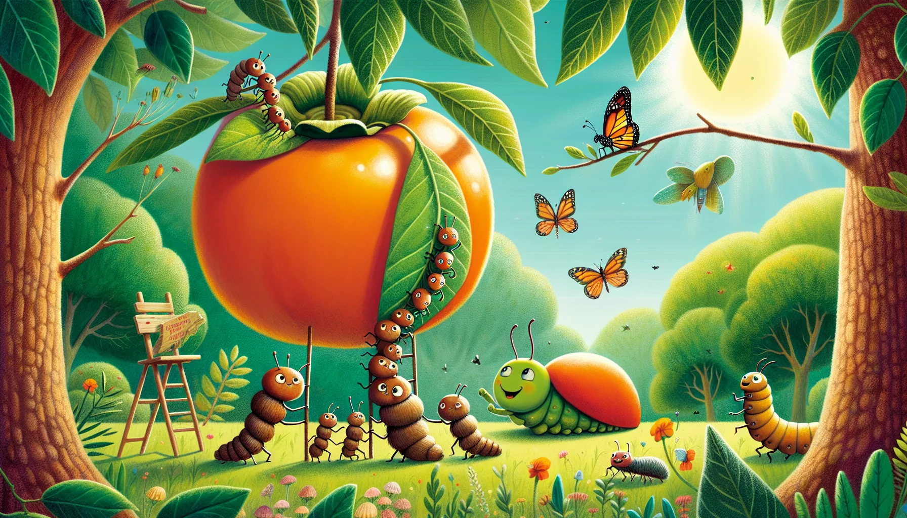Imagine a whimsical scene in a lush garden during a sunny day with birds twittering and butterflies fluttering around. In the midst of this, a perfectly ripe persimmon hanging heavy on a leafy tree becomes the talk of the town for the insects. A procession of beady-eyed ants forms a line, ascending the tree trunk to reach their prized fruit. A cheeky caterpillar, poking out from a leaf, watches them with a smirk with his chubby arms crossed. Meanwhile, a bug couple is having their picnic under the persimmon's bountiful shade, indulging in an aphid feast. This adorable scenario encourages people of all ages to indulge in the pleasures of gardening, instilling an appreciation for nature's humorous and delightful moments.