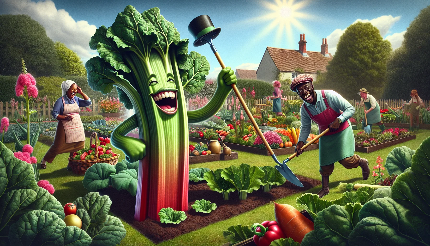 Create a realistic image illustrating a comical gardening scene involving rhubarb. Imagine a rhubarb anthropomorphized into a charming entertainer with a green-hued top hat, waving its leafy arms encouragingly. In the background, a picturesque garden filled with a riot of vegetables and flowers of different colors and shapes under a sunny sky. Thrown in are a couple of gardeners, one a Black female laughing heartily swinging a spade and the other a Middle-Eastern male chuckling as he waters the plants. This quirky scene communicates the joy of gardening.