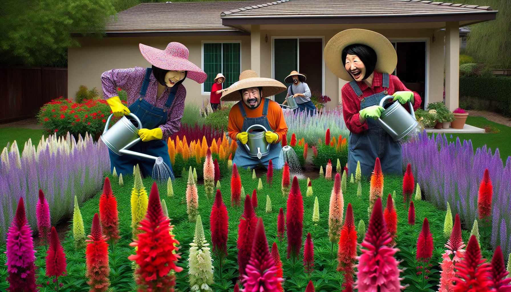 Create a captivating and humorous image revolving around gardening. The scene takes place in a home garden filled with vibrant, realistic salvia flowers, some blooming as annuals and others as perennials. It includes a couple of East Asian women and a South Asian man enthusiastically engaged in humorous gardening activities. Perhaps they are wearing oversized sun hats or misjudging the scale of their watering cans. Through this amusing gardening scenario, the image subtly prompts viewers to appreciate the joy and fun side of gardening.