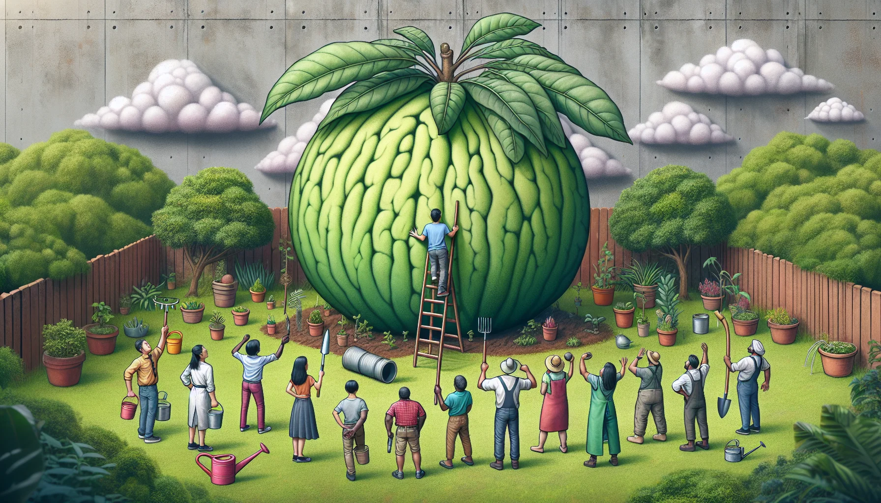 Create a hilarious illustration of a garden scene starring a gigantic Sharon fruit. The colossal fruit, almost the size of a small house, is planted in the center of the green garden. It has a cloudy aura around it showcasing its special stature. A group of multicultural, diverse gendered individuals ranging from an Asian male gardener, a Black female botanist, a Middle Eastern male horticulturist to a South Asian female agronomist, all stand in awe of it, their gardening tools held mid-air in surprise. Humorous elements like a ladder too short to reach the fruit and a watering can comically small compared to the fruit enhance the scene.