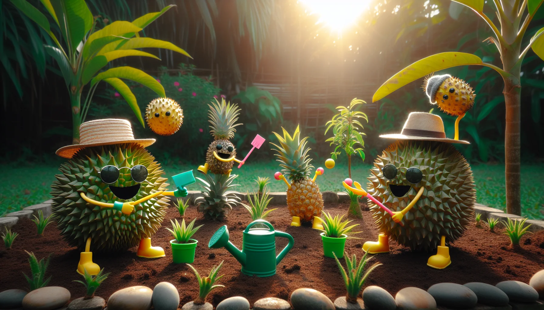 Create a light-hearted, humorous portrayal of spiky fruits in a garden setting to encourage a love for gardening. It features different spiky fruits like durians and pineapples engaged in amusing actions, like durian playing catch with pineapple, both wearing wide-brimmed hats, sunglasses, and holding miniature watering cans. The fruits aren't anthropomorphized but are strategically placed in the scene to give an illusion of them doing funny activities. Around them, other plants flourish and thrive under the early morning sunlight. This lively, sunny garden emits a sense of joy and fun, promoting the pleasures of gardening.