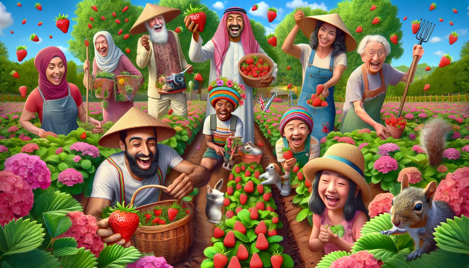 Imagine an amusing and appealing gardening scene created to entice individuals to take up the hobby of gardening. Picture a bustling garden filled with strawberry plants in full bloom with vivid pink strawberry blossoms contrasting against the rich green leaves. Now, add to this scenario, a diverse group of people: a Middle-Eastern male, a South Asian female, a White youngster, and a Black elderly woman, all laughing and having fun while gardening together. They wear a variety of vibrant gardening hats, and a friendly squirrel can be seen stealing a strawberry.