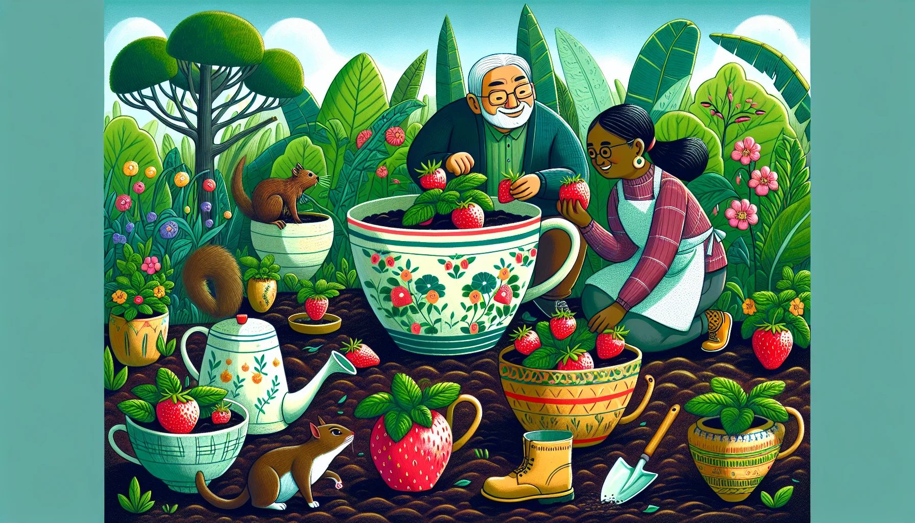 Illustrate a humorous scene of an elderly Asian man and a young Black woman gardening together. They are planting strawberries in uniquely shaped flower pots, designed like over-sized teacups and boots. The scene contains a playful vibe with vivid green foliage backdropped by a clear blue sky. A comedic twist is implied as a South Asian squirrel tries stealing a ripe strawberry, while a Middle Eastern cat stealthily prepares to pounce on the squirrel. An array of richly colored strawberries contrast against the dark earth, making the scene delightful and inviting the viewers to relish the joys of gardening.