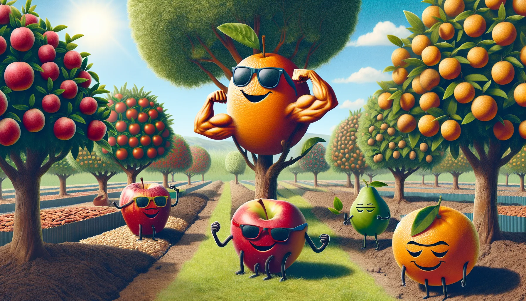 Imagine a realistic garden scene filled with various trees bearing fruits and nuts. The scene is imbued with a touch of humor. One tree has huge apples that seem to be flexing their muscles, symbolizing their healthy attributes. A tree with oranges is wearing sunglasses because it's so cool being a vitamin C source. The almond tree shows miniature almonds doing a fun dance. All this under a perfectly clear, sunny sky. The scene should spark an enjoyable vibe encouraging the viewers to participate in gardening, appreciating the delightful aspects of nature’s growth.