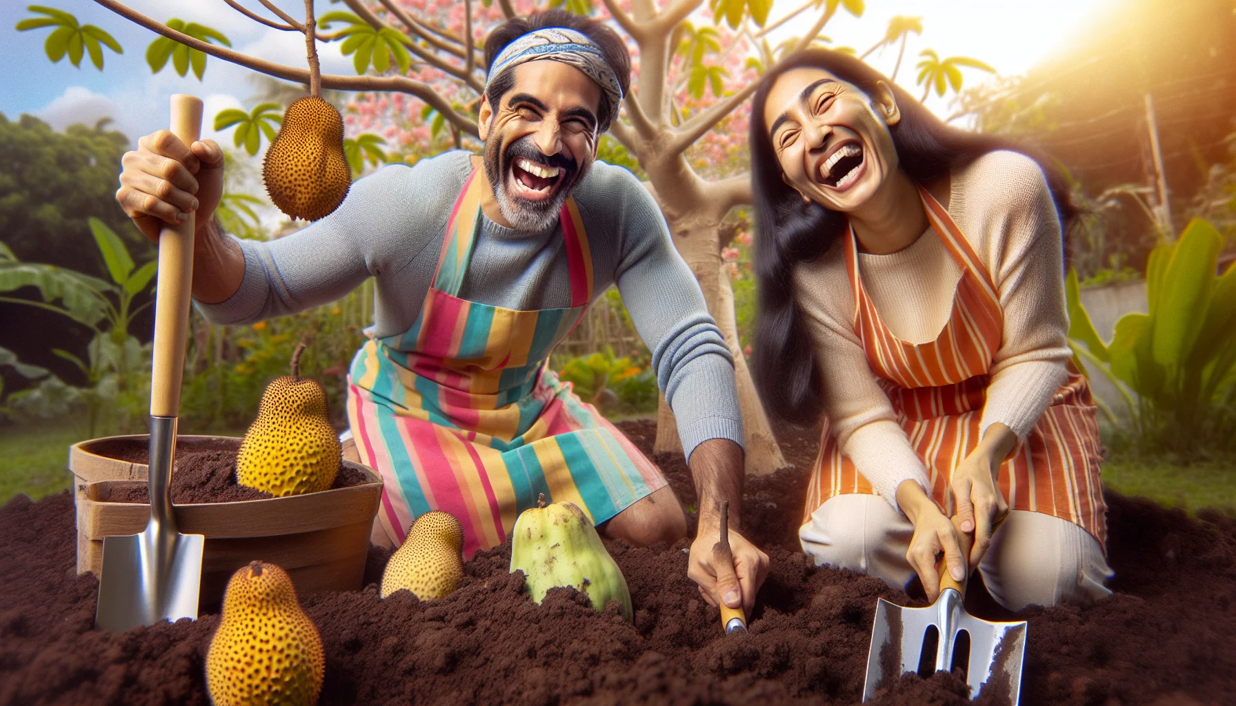 Create a playful and humorous image showing a group of people thoroughly enjoying gardening. Show a Hispanic man and a Middle-Eastern woman, both wearing colorful aprons, laughing as they dig in the soil and plant pawpaw trees. Include the intriguing shapes of pawpaw fruits and trees in the background. Accentuate the earthy, sunlit ambiance of a blossoming garden. The joy of gardening and the allure of growing pawpaws should be vividly conveyed.