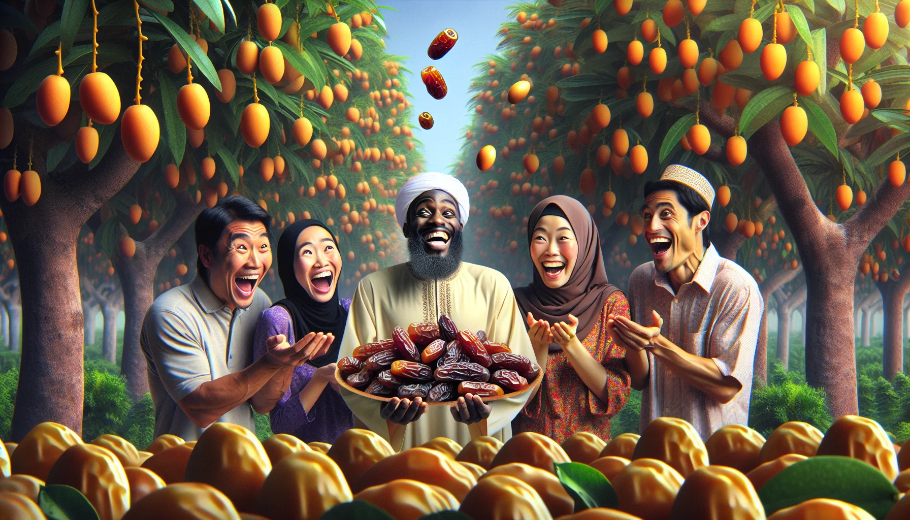 Create a realistic image representing a humorous gardening scenario. Picture an array of fruit trees laden with juicy fruits. In the heart of the garden, exist trees that are loaded with pitted dates. These dates are falling into the waiting hands of a group of joyful garden workers - a South Asian man, a Middle-Eastern woman, a Caucasian female, and a Hispanic male. Their faces are lit with excitement and laughter as they are hilariously surprised by the amount of pitted dates they are receiving, encouraging viewers to take part in the joy of gardening.