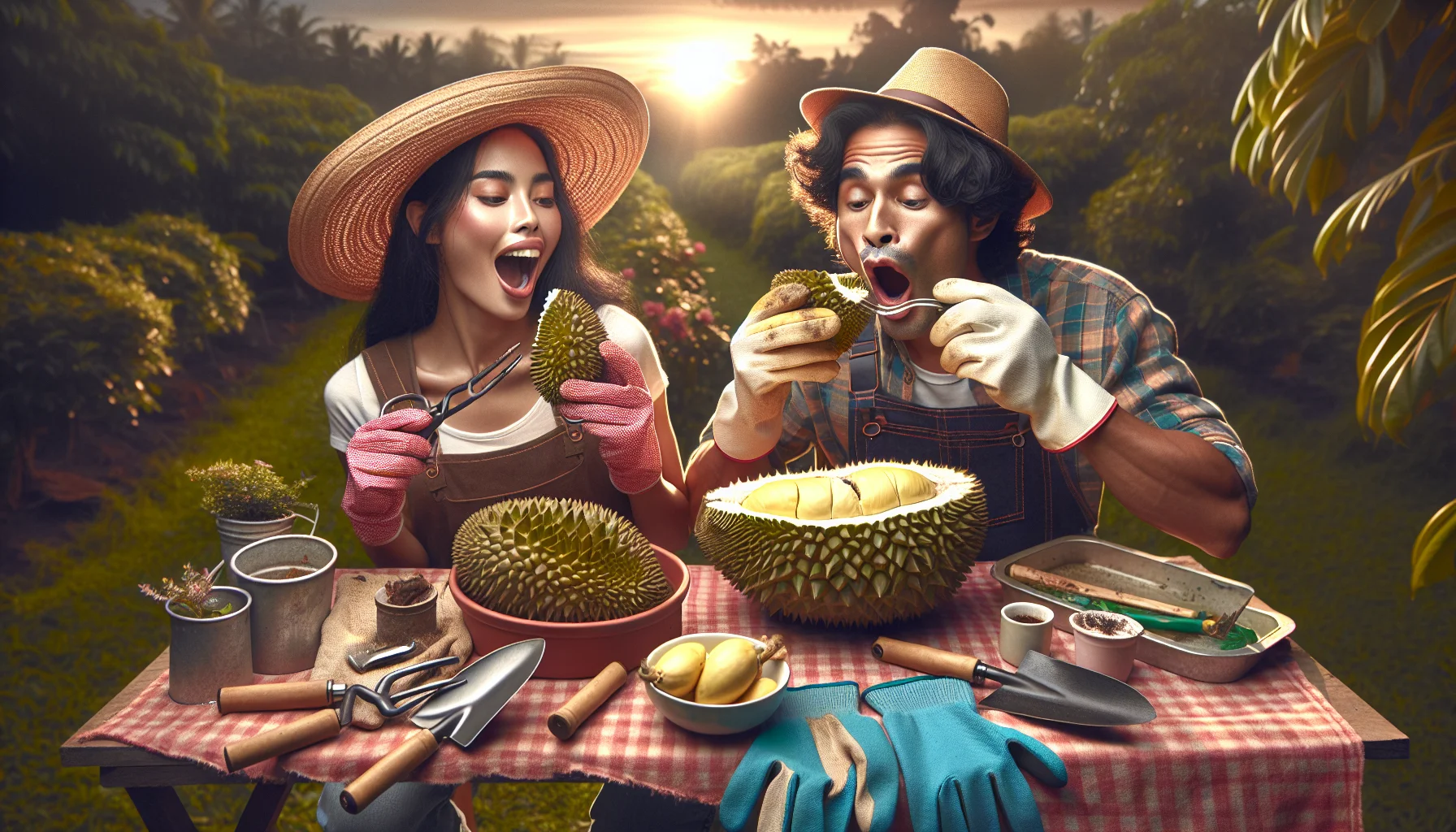 Create a whimsical, attention-grabbing scene of a Hispanic woman and a South Asian man having a picnic in a lush garden. Both are wearing gardening gloves and wide-brimmed hats, cherishing the fruits of their labor. The highlight of their feast is a freshly harvested durian fruit split in half. Their expressions are comically exaggerated as they take their first bite, vividly embodying the mix of trepidation and excitement. Accessories related to gardening are spread around the scene adding to the overall atmosphere. The setting sun in the background touches the scene with a soft, golden glow, making gardening look even more appealing.
