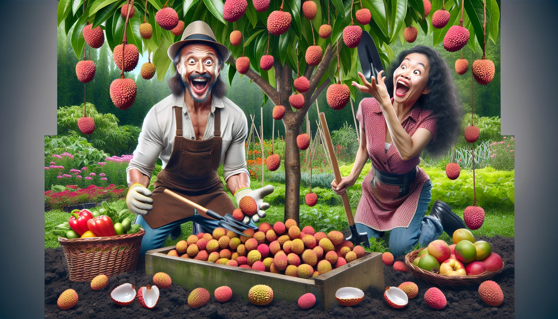 Create an imaginative, light-hearted scene that humorously embodies the flavor of lychee fruits. Picture a South Asian woman and a Hispanic man, both wearing their gardening attire and digging in a lush garden vibrant with different vegetables, fruits, and colorful flowers. They encounter a mature lychee tree bountiful with ripe fruits. Upon tasting a freshly plucked lychee, their facial expressions alter dramatically, mirroring the surprise of its sweet, tangy taste, and juicy nature. The man's hat flies off his head in surprise, while the woman joyously throws lychee fruits in the air.