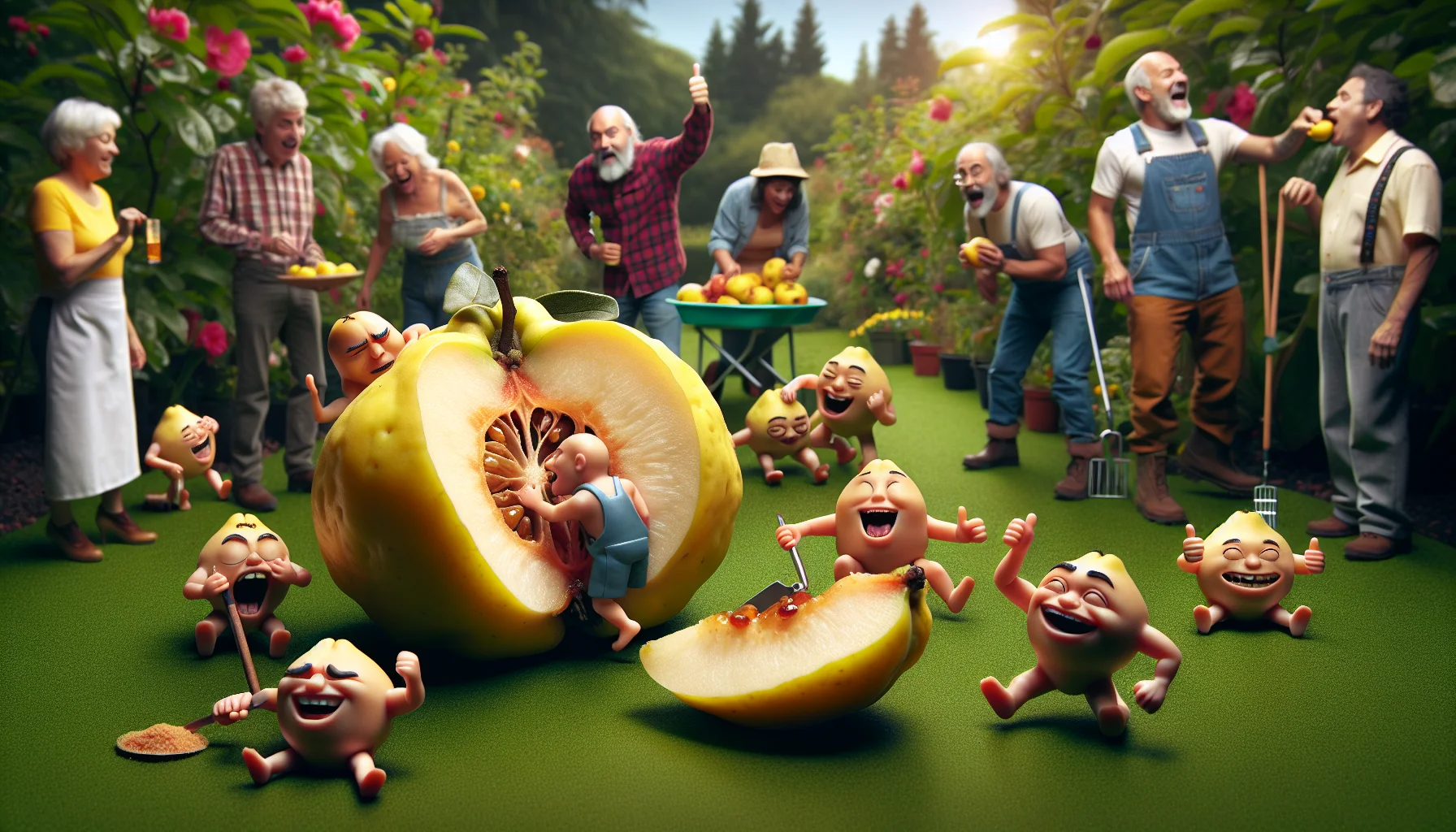 Imagine a humorous scene set in a pristine green garden fully of lively plants, flowers, and buzzing insects. Front and center is a beautifully ripe quince fruit, cut open to reveal its golden yellow interior. Human taste buds, personified as miniature characters of varying genders and ethnicities, are joyfully exploring and experiencing the flavor. Some give thumbs up, while others happily dive into the fruit, showcasing the sweet and tangy taste of the quince. As a backdrop, diverse men and women across multiple descents are laughing and gardening, looking appreciatively at the comedic taste buds enticing them to enjoy the fruits of their labor.