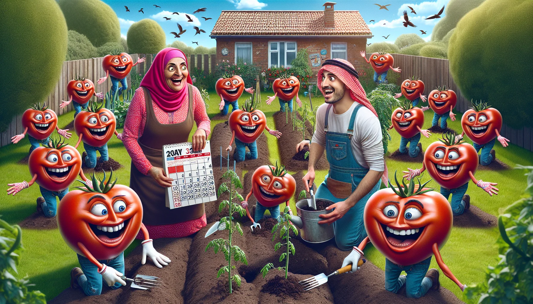 Create an image showcasing a humorous gardening scenario meant to encourage people to engage in gardening. The setting is a sunny backyard garden filled with various plants. At the center of the scene, a Middle-Eastern woman and Caucasian man, both in colorful gardening outfits, are joyfully engaged in planting tomatoes. They stand amidst a crowd of animated, anthropomorphic tomato plants, who are holding calendar pages indicating the appropriate planting season. The tomatoes have exaggerated happy faces and are playfully pointing at the calendar pages. The sky is clear and birds are chirping in the background, signaling a beautiful day for gardening.