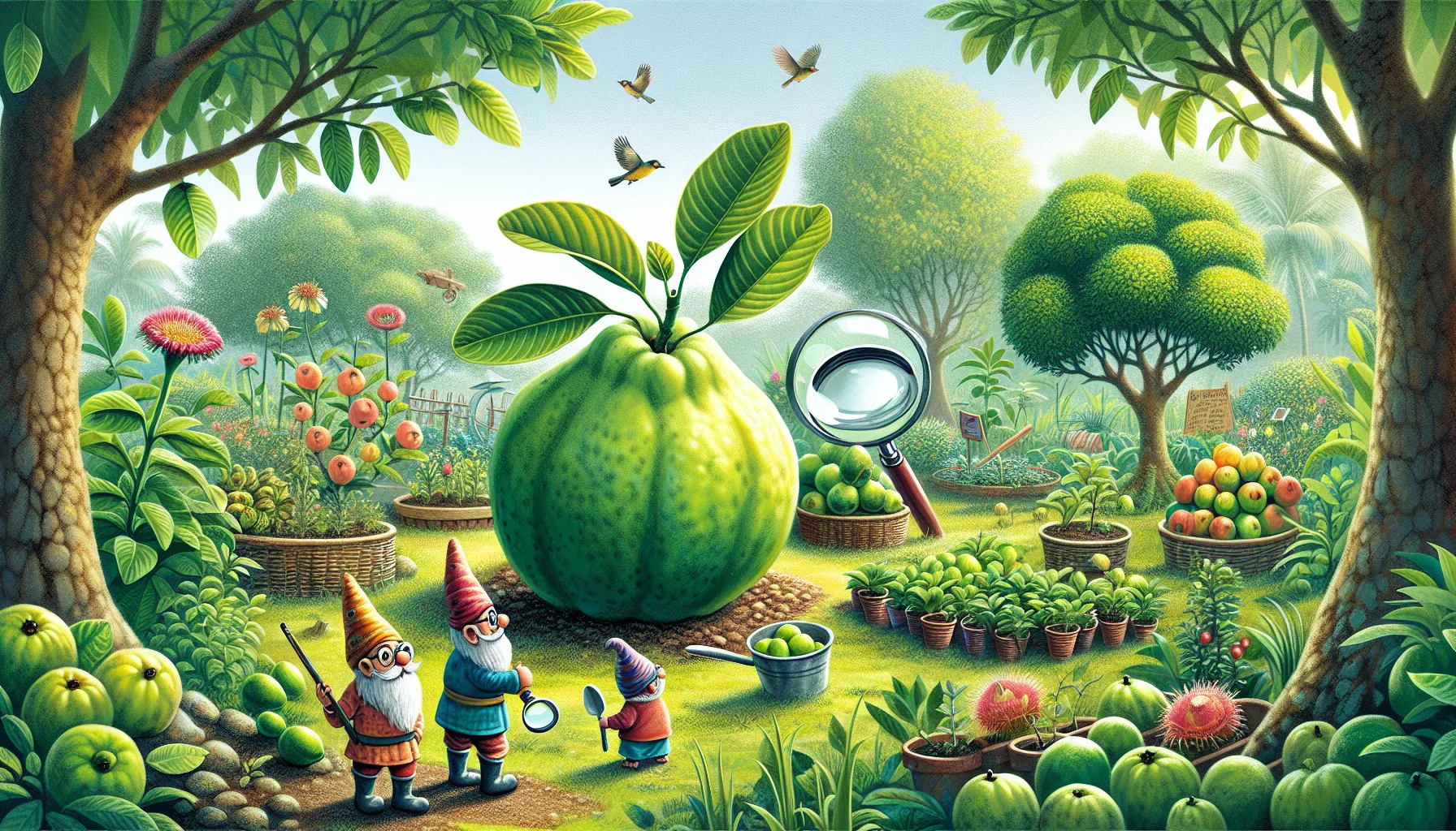 Create a comical and realistic scenario that captures when a guava fruit is ripe and ready to be eaten. The scene should take place in a lush garden filled with a variety of thriving plants, making it a paradise for gardening enthusiasts. There may be a few garden gnomes around, who appear to be inspecting the guava with magnifying glasses, and some birds tweeting cheerfully from the trees above. This cheerful and amusing depiction should stimulate people's interest in gardening and the joy of growing and harvesting their own fruit.