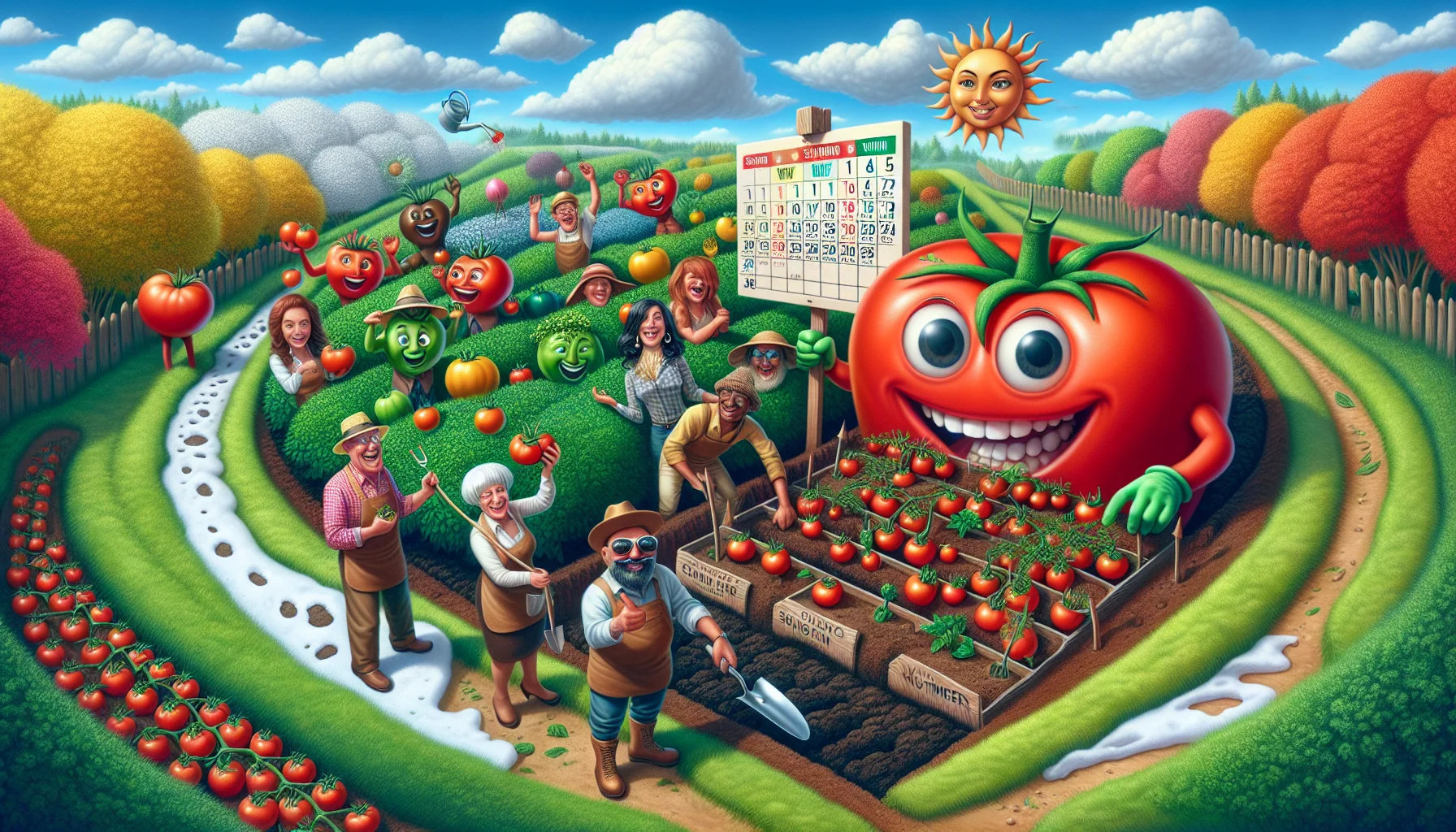 Create an amusing and realistic imagery that tells the story of when to plant tomatoes. Picture a lush garden under a sky with seasons indicated by pictorial elements - blooming flowers for spring, sunshine for summer, falling leaves for autumn, and snowy terrain for winter. A charismatic, multi-racial group of gardeners, both male and female, of various ages and body-types, are cheerfully planting tomatoes in the section marked 'spring' using an oversized, cartoonish calendar embedded in the soil. To add to the fun, a group of anthropomorphic tomatoes are gleefully guiding them, holding instructional signs conveniently providing the apt date and season for planting tomatoes.