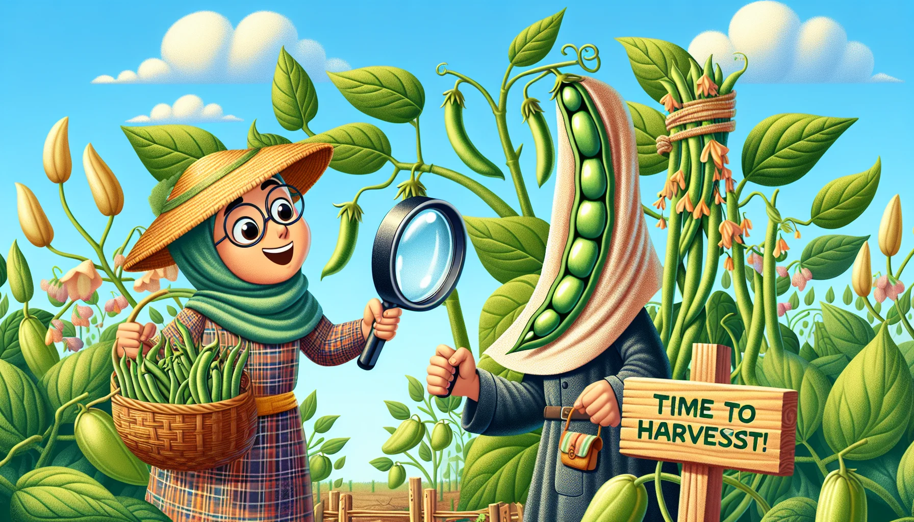 Generate a fun and educational image of a Middle-Eastern female farmer wearing a straw hat, standing amidst a bountiful green bean farm, holding a large magnifying glass examining a ripe green bean on a plant. She has a surprised expression due to the enormous size of the bean. Around her, there are green bean plants depicting various stages of maturity - from flowering to fully mature pods. A wooden signpost near her reads, 'Time to Harvest!'. A mix of the comedic and the instructional, this harmonious scene promotes the joy of gardening.
