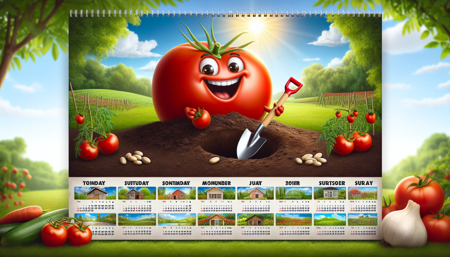 Imagine a humorous scenario of a calendar with the months represented as whimsical scenes. For the month that is the ideal planting season for tomatoes, depict a plump red tomato smiling broadly with a tiny shovel in its vine, excitedly burying tomato seeds in well-nourished garden soil. The remaining months show different vegetables, architectural representations or scenic landscapes, reflecting the change of seasons. The backdrop shows a vibrant green garden under a bright, cheerful sun, creating an inviting atmosphere, prompting viewers to enjoy gardening.