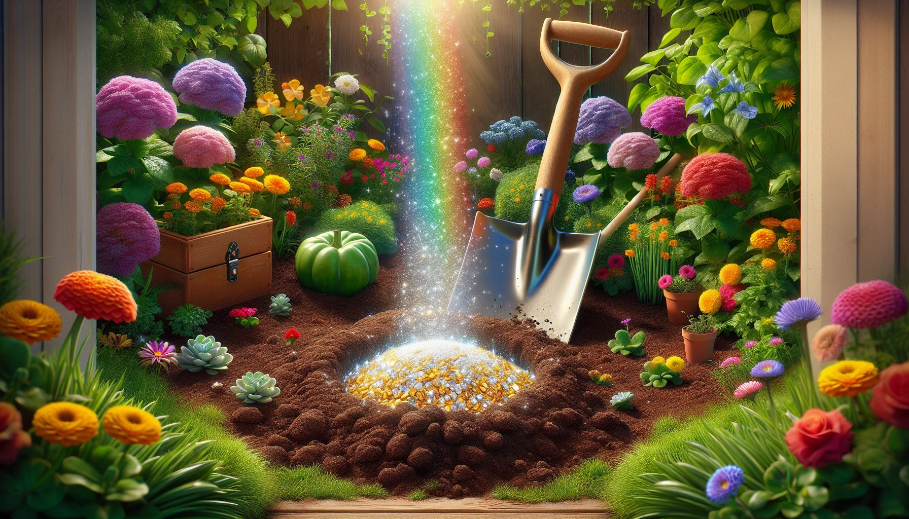 Generate a humorous, realistic image of a colorful garden scene. In this image, there is an unusual occurrence - a sparkling white substance emerging from the productive brown soil. It looks as surprising as finding a pot of gold at the end of a rainbow, making anyone who sees it marvel and smile. The scene is meant to encourage an appreciation for the whimsicality of gardening and nature. Surrounding the soil, there are various vibrant flowers, verdant plants, and a classic wooden gardening shovel. Sunshine is warmly illuminating this curious and entertaining garden setup.
